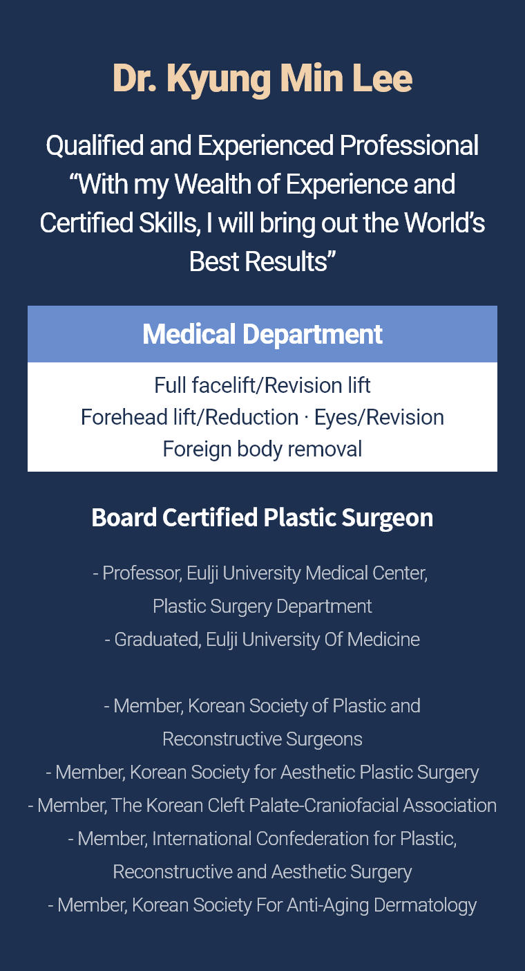 Dr. Kyung Min Lee - Qualified and Experienced Professional “With my Wealth of Experience and Certified Skills, I will bring out the World’s Best Results” Medical Department Full facelift/Revision lift Forehead lift/Reduction · Eyes/Revision Foreign body removal Board Certified Plastic Surgeon - Professor, Eulji University Medical Center, Plastic Surgery Department - Graduated, Eulji University Of Medicine - Member, Korean Society of Plastic and Reconstructive Surgeons - Member, Korean Society for Aesthetic Plastic Surgery - Member, The Korean Cleft Palate-Craniofacial Association - Member, International Confederation for Plastic, Reconstructive and Aesthetic Surgery - Member, Korean Society For Anti-Aging Dermatology